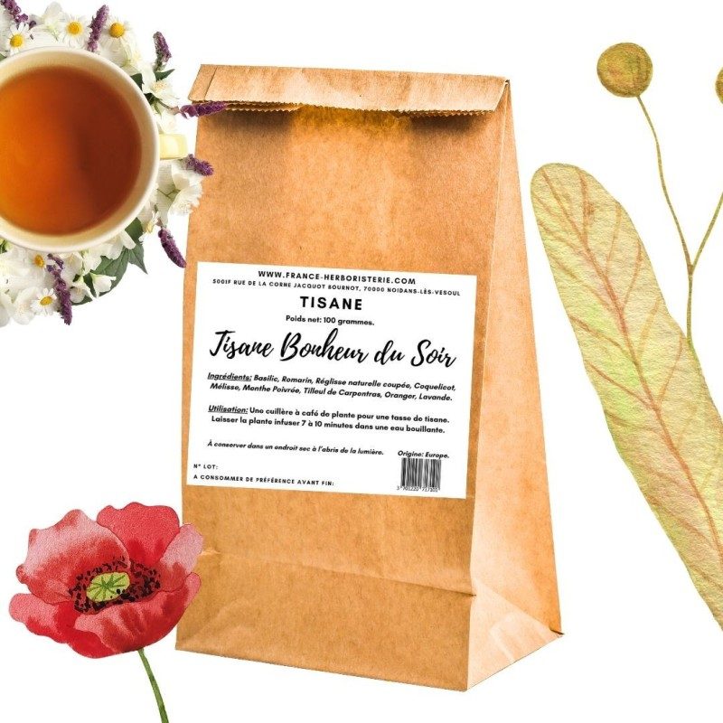 Tisane "Bonheur du Soir" - Sachet de 100 grammes - Tisane apaisante et bonne nuit Tisane "Bonheur du Soir" - Sachet de 100 grammes - Tisane apaisante et bonne nuit